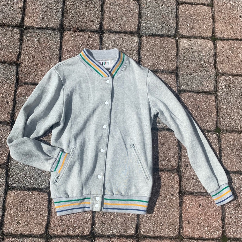 Vintage Varsity Jacket Heather Gray with Green, Yellow, and Blue Stripes